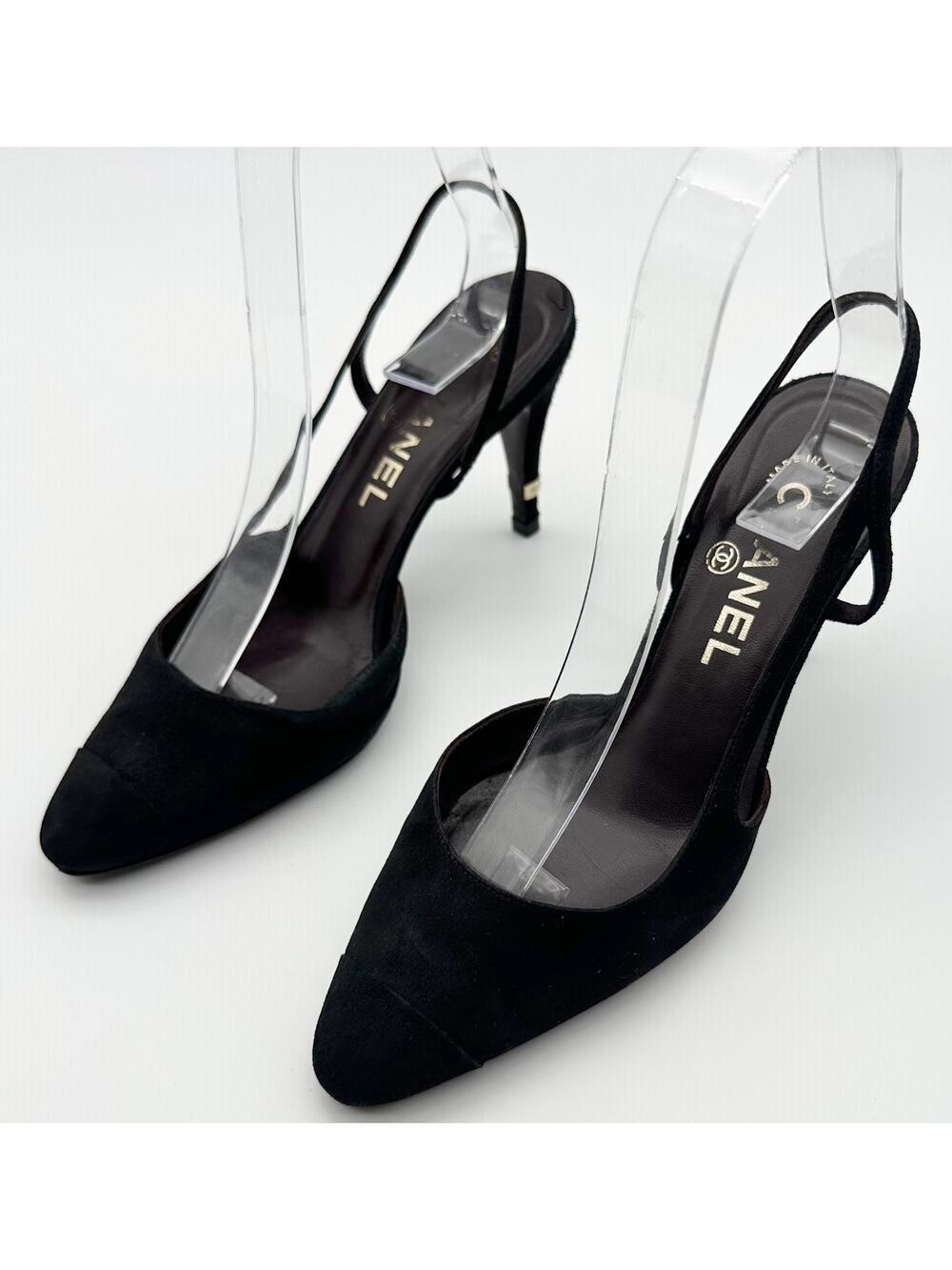 Chanel Vintage Slingback Heels 36.5 Black Suede Gold Cap Toe CC Logo Block Heel